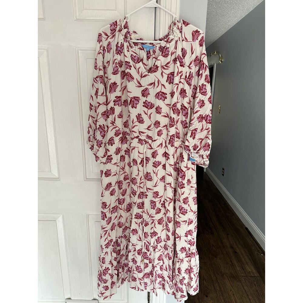 Draper James Cream Midi Dress with Rose Pink Floral Pattern